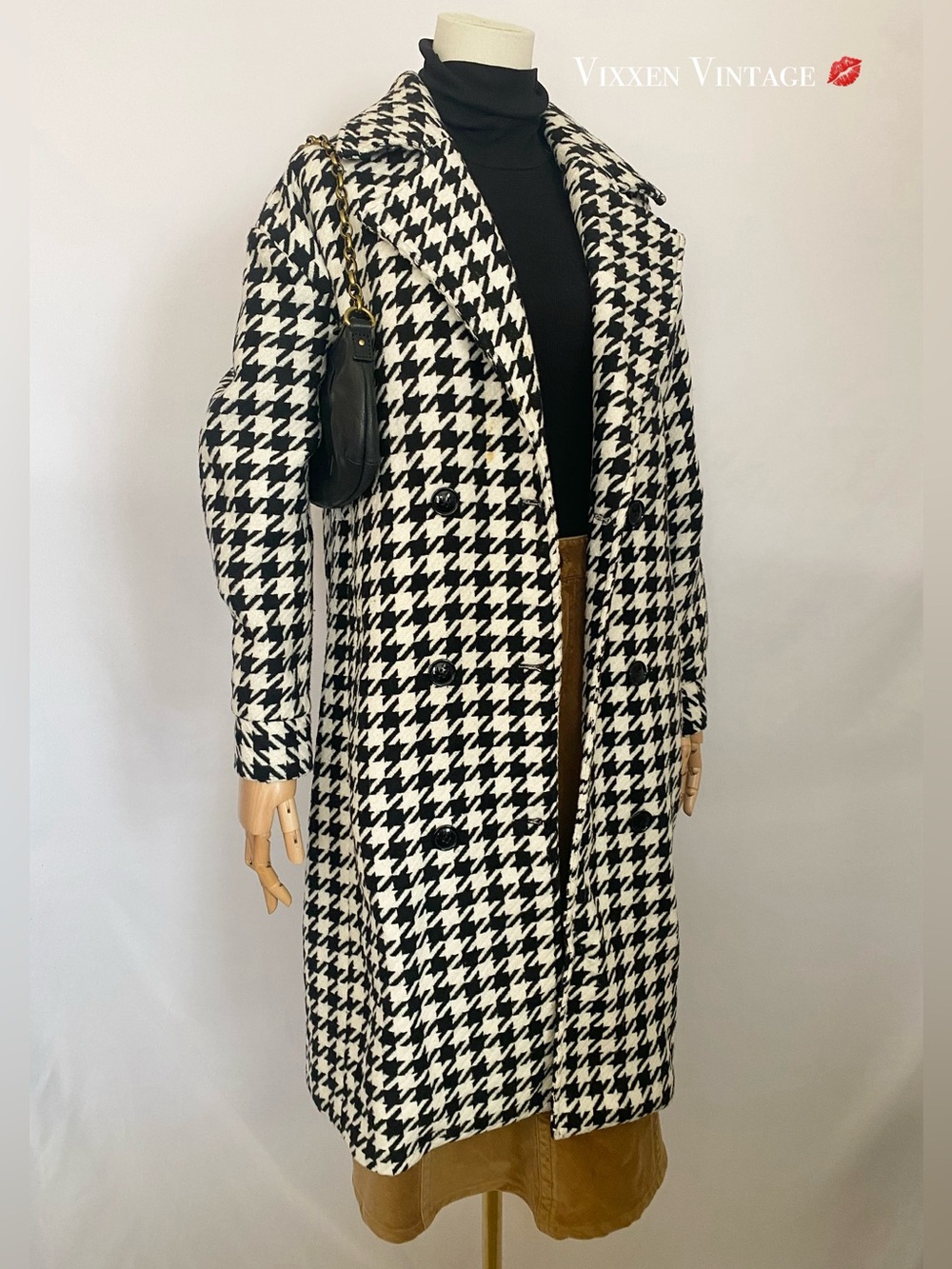 AVEC LES FILLES DOUBLE-BREASTED LONG HOUNDSTOOTH COAT IN BLACK/WHITE